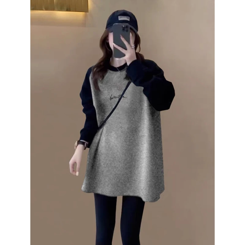 德绒磨毛保暖中长款遮屁股插肩拼接撞色长袖t恤女宽松打底衫秋冬