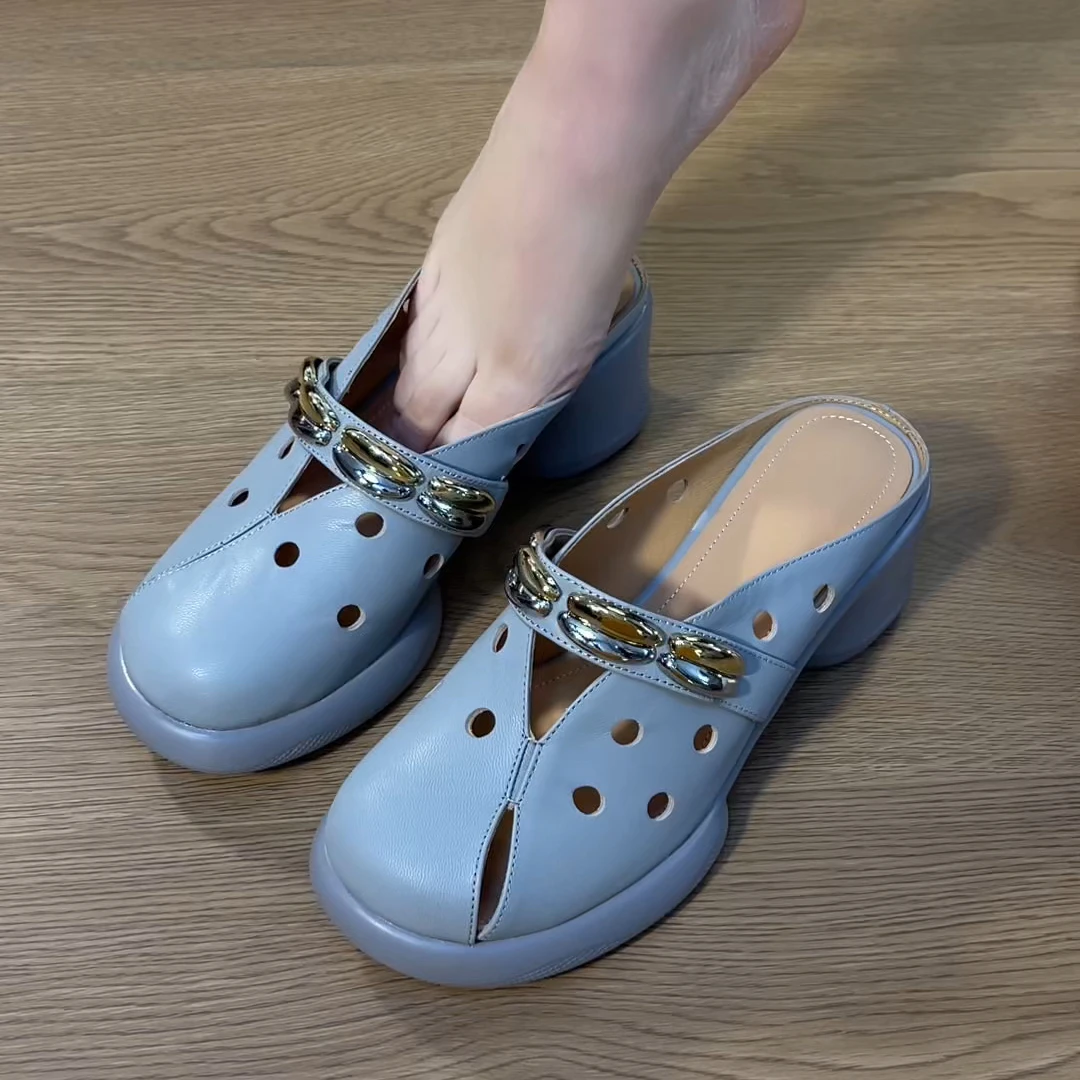 夏季拖鞋半托超轻超软舒适厚底洞洞凉拖百搭款粗跟通包头托鞋女款