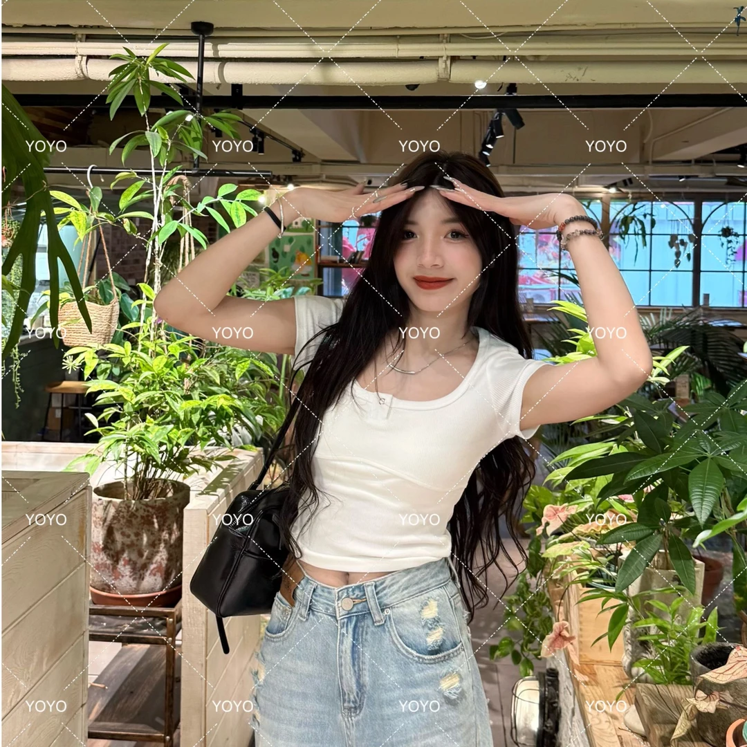 YOYO自制【辣妹T】夏款新款显瘦短款修身设计感大圆领上衣T恤