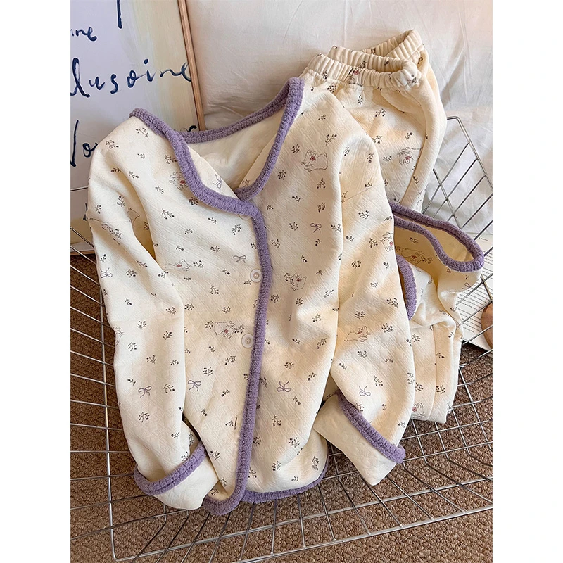 可爱小兔子碎花空气棉长袖睡衣女秋冬季新款加厚家居服套装可外穿