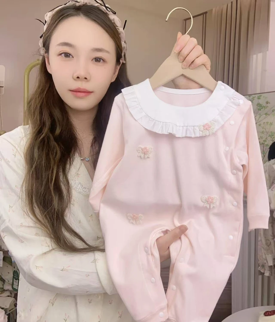 女长袖单排扣A类春秋爬服花边哈衣