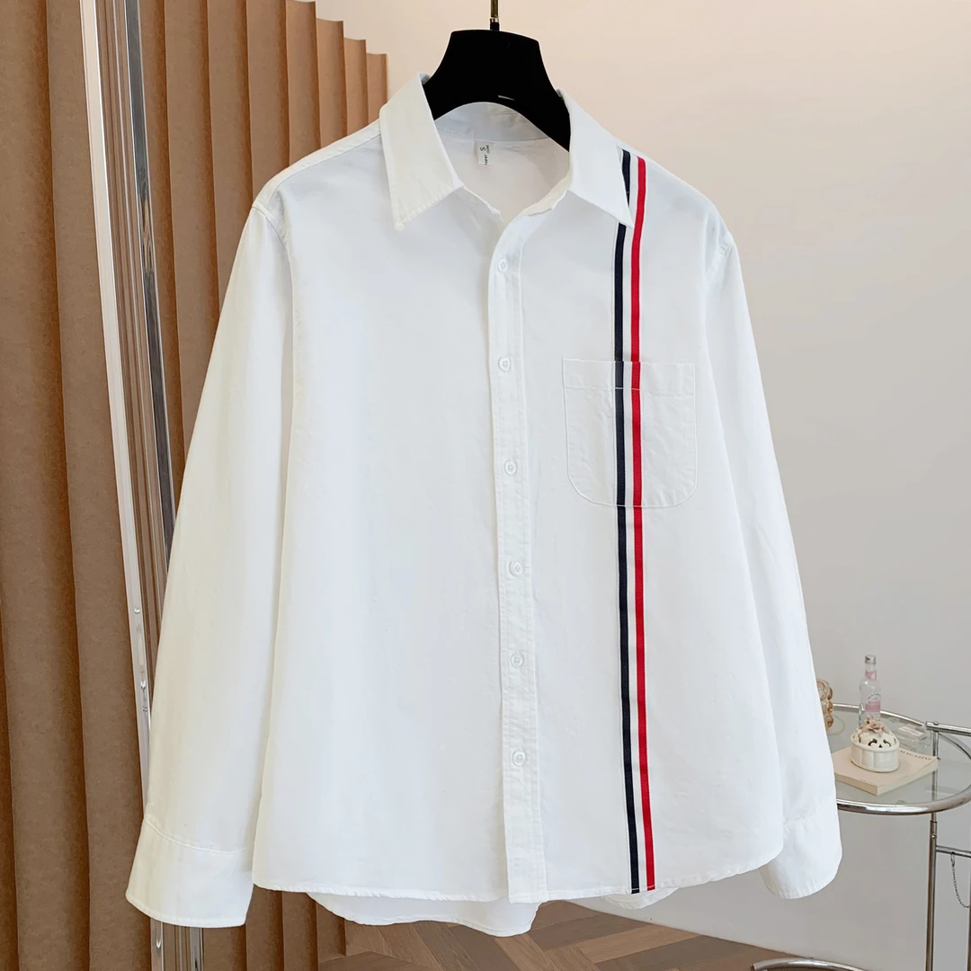 外贸原单纯棉牛津纺衬衫上衣春秋百搭学院风百搭翻领织带白衬衣女