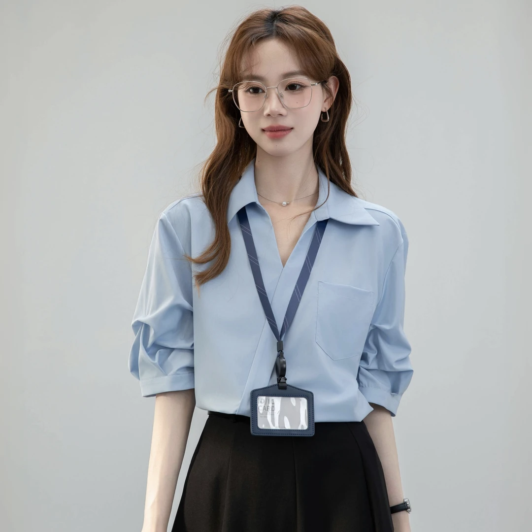 2025实拍新款白色设计感V领衬衫女夏面试穿搭短袖上衣小个子衬衣