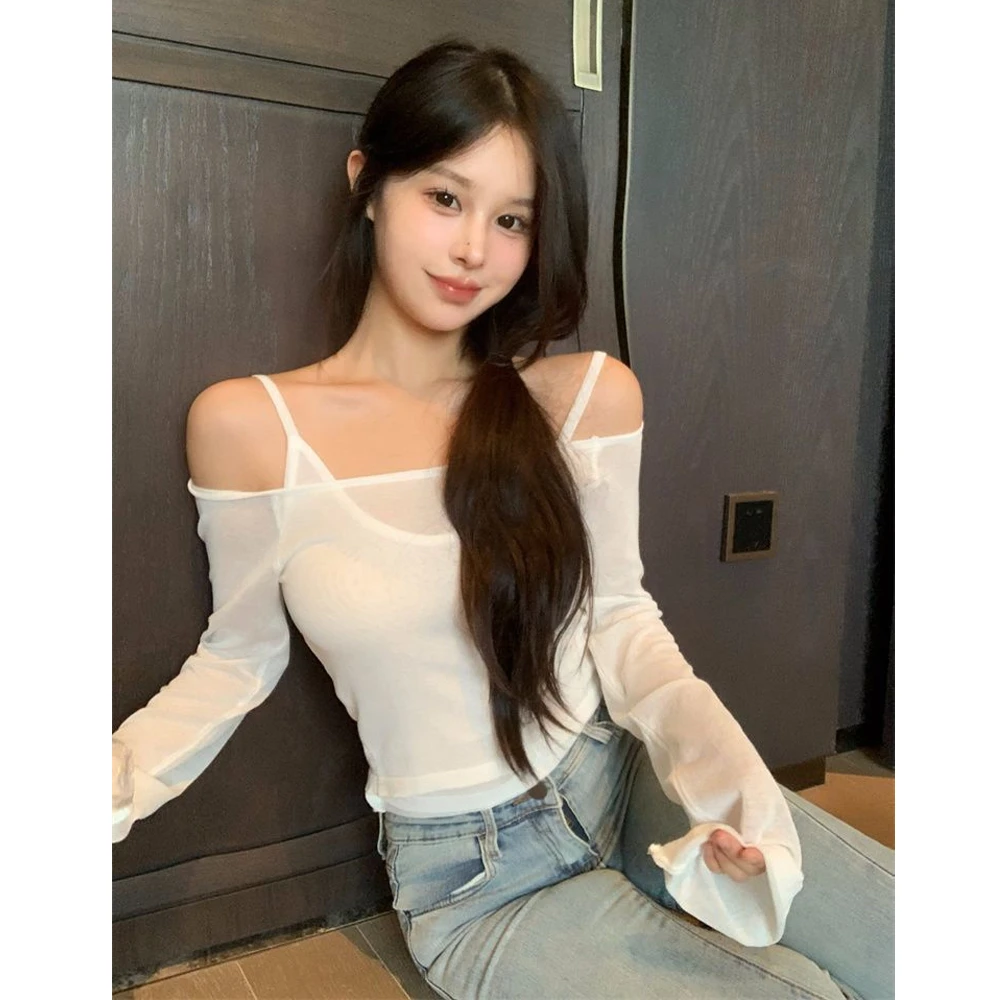 秋季新款纯欲性感甜辣妹一字肩打底衫短款修身露肩锁骨长袖上衣女