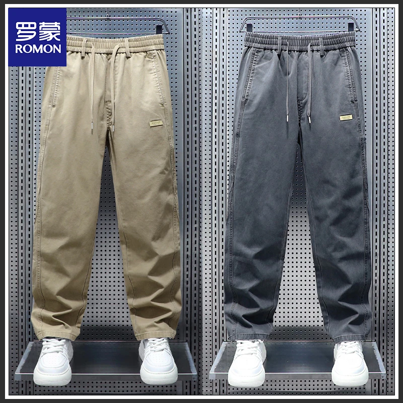 Romon/罗蒙秋季美式直筒休闲裤子男2025新款复古阔腿纯棉男生长裤