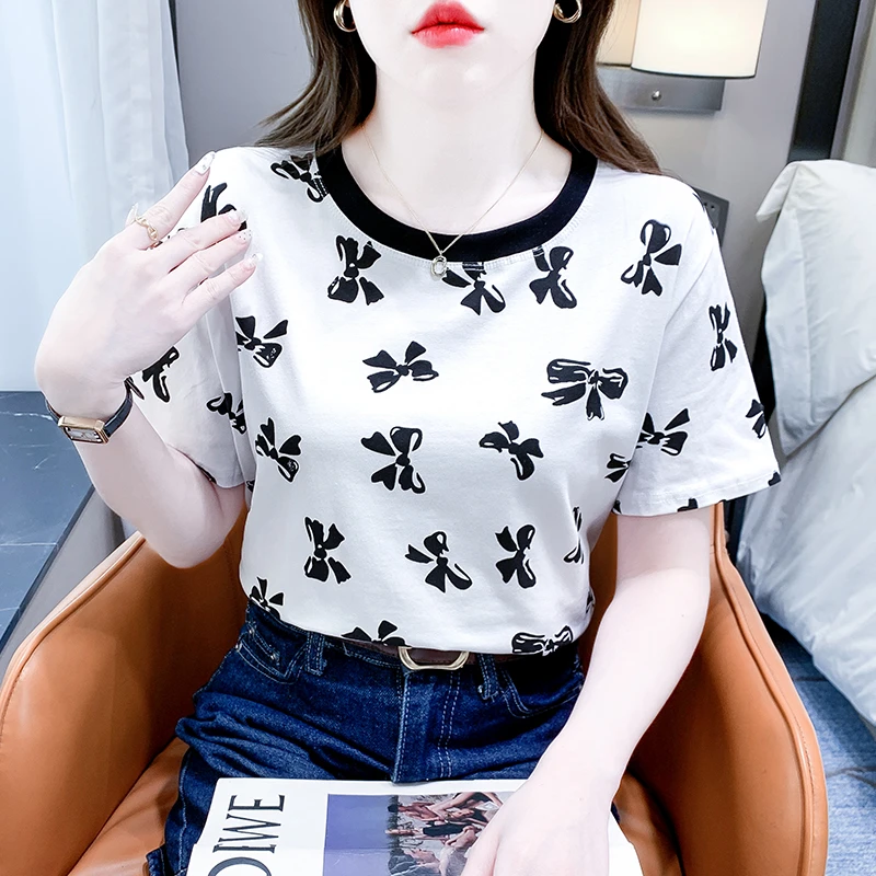 夏季印花蝴蝶短袖T恤衫宽松2025体恤女装ins新款洋气女士上衣外穿