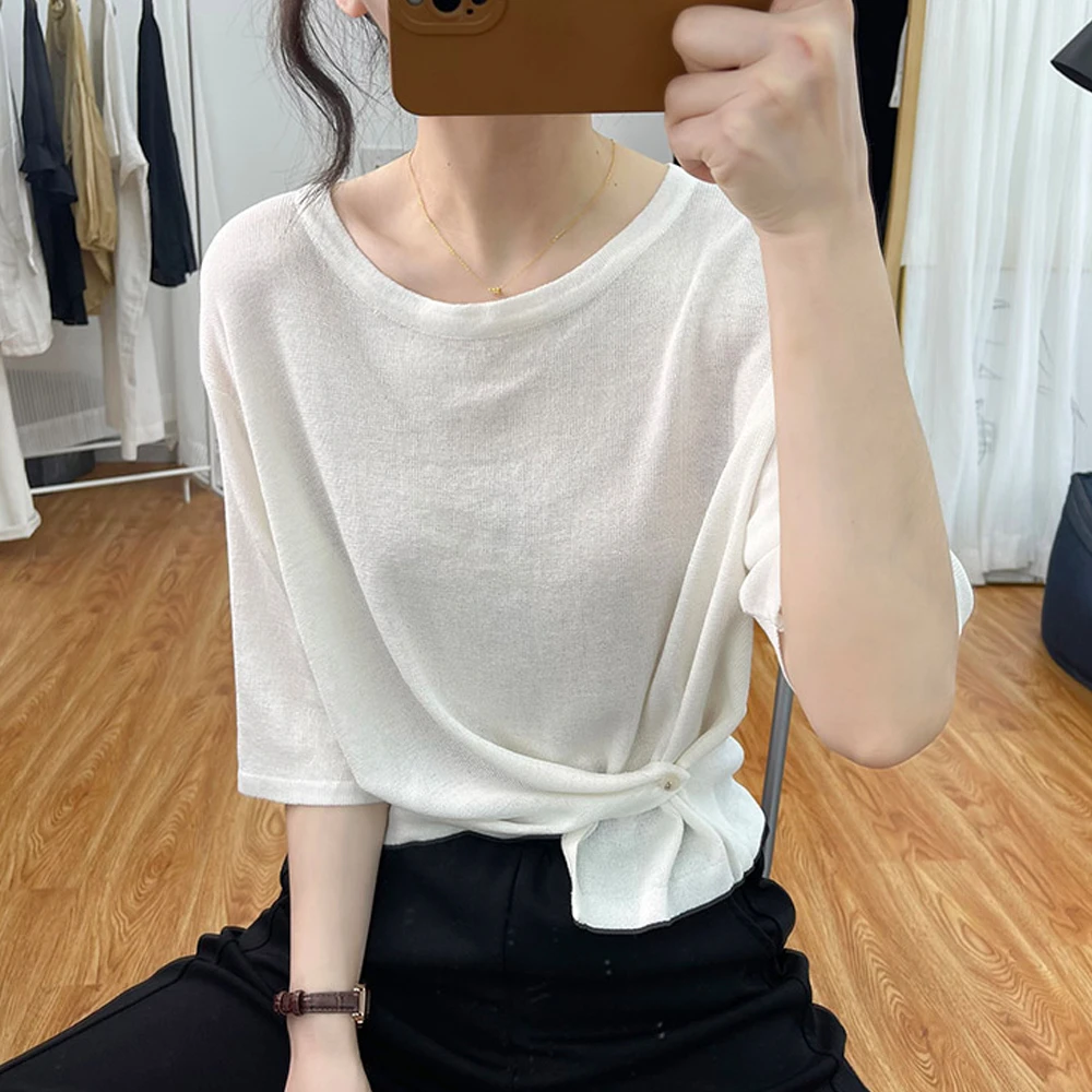 夏季短款冰丝短袖时尚女宽松显瘦不规则小众上衣圆领复古空调衫