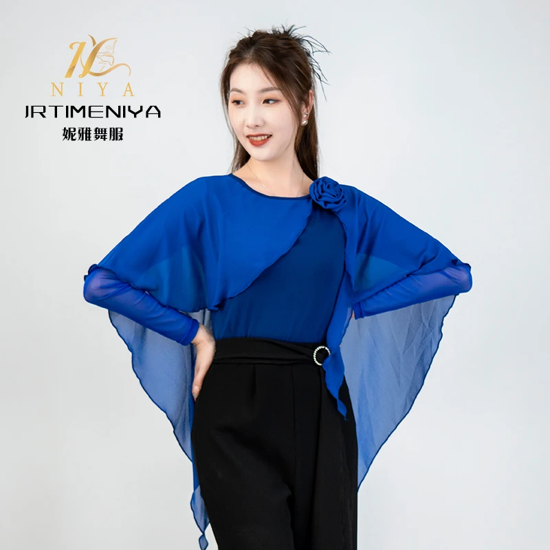 摩登舞长袖大气披件纱连体上衣练功服女士交谊舞广场舞