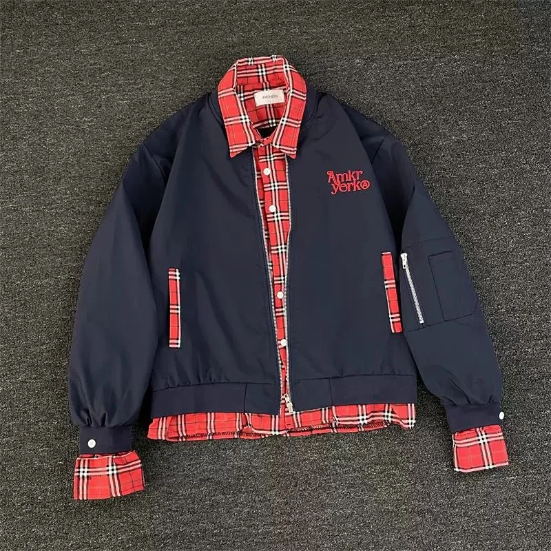 【金果子】美式复古飞行员藏青色假两件夹克衬衫拼接格子外套666-1