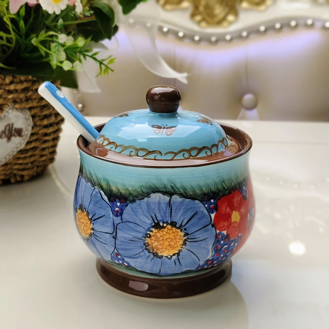 新瓷【蝶恋花-蓝】手绘1200ml1个 手工带盖大容量储藏罐糖罐