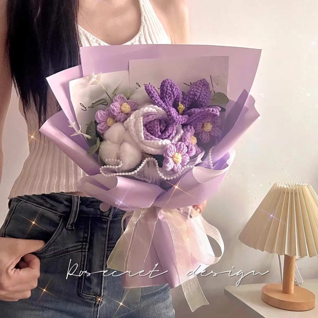 毛线玫瑰郁金香钩织花束编织花成品生日毕业礼物送女友老师教师节