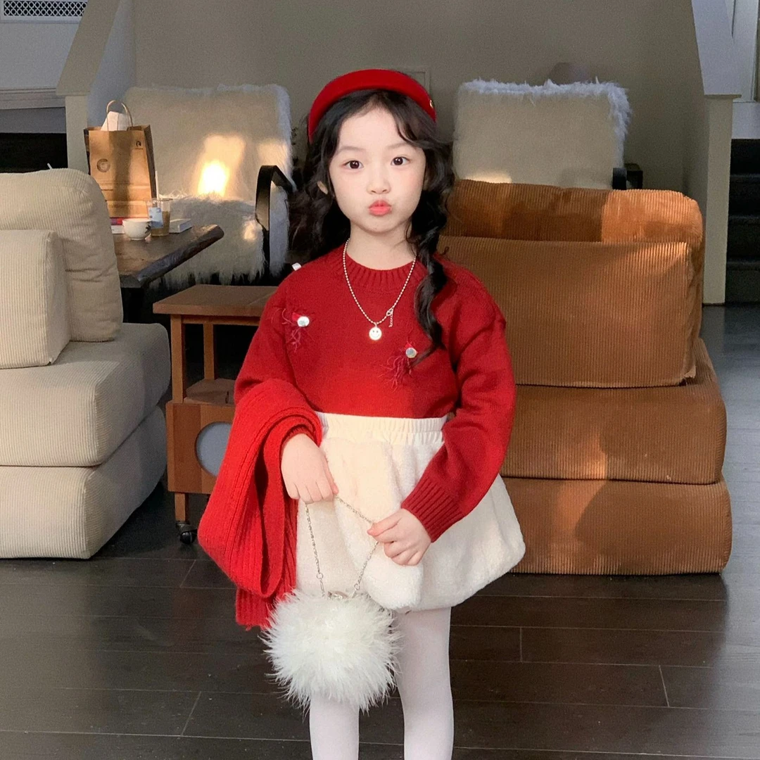 大橙子Studio女童毛衣2025秋冬安哥拉红色毛衣羔羔绒半裙洋气套装