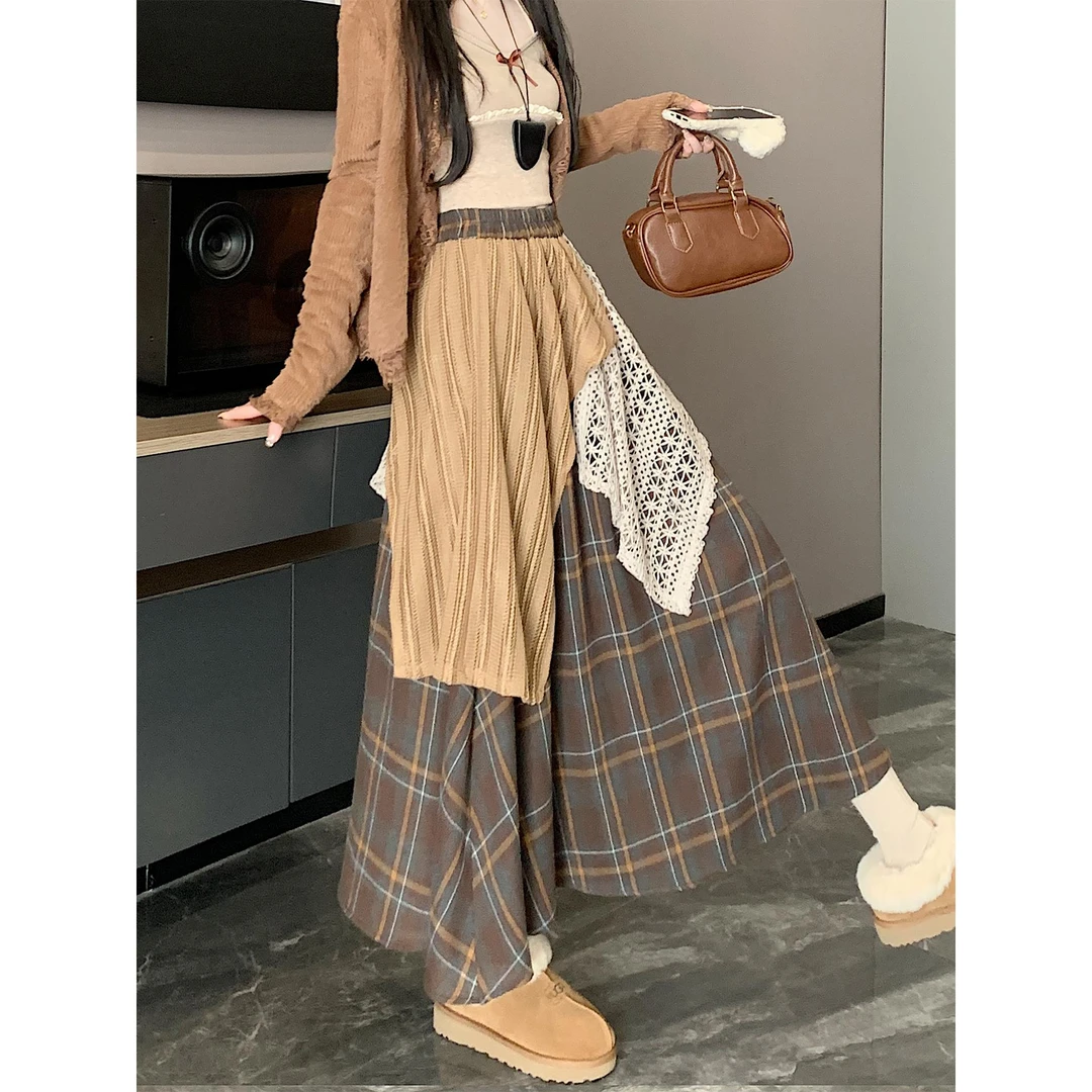 格纹毛呢半身裙女秋冬蕾丝拼接高腰A字显瘦时尚百搭不规则长裙子