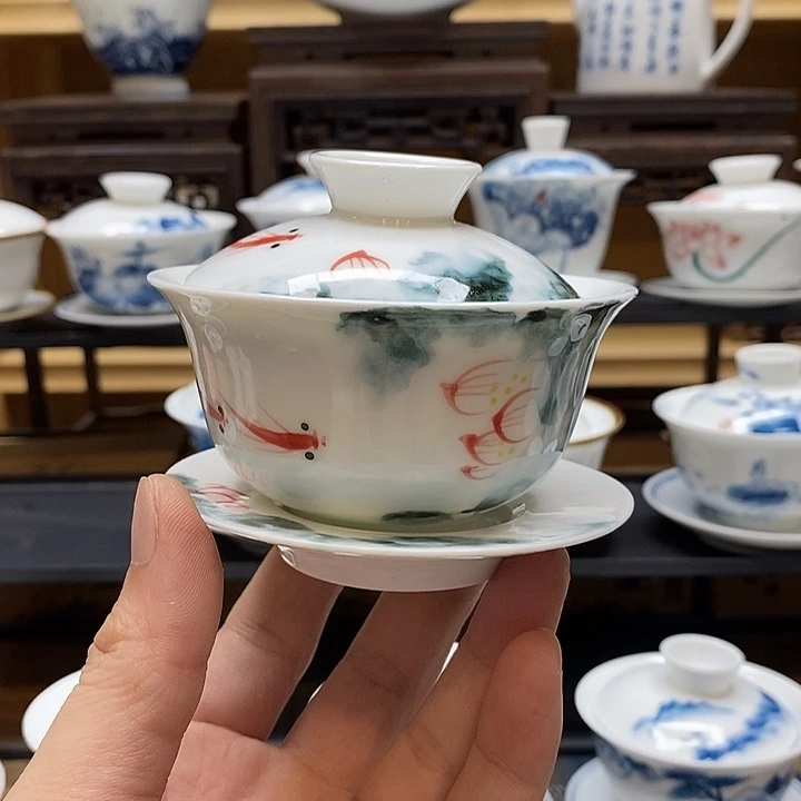 手绘茶具粉彩盖碗