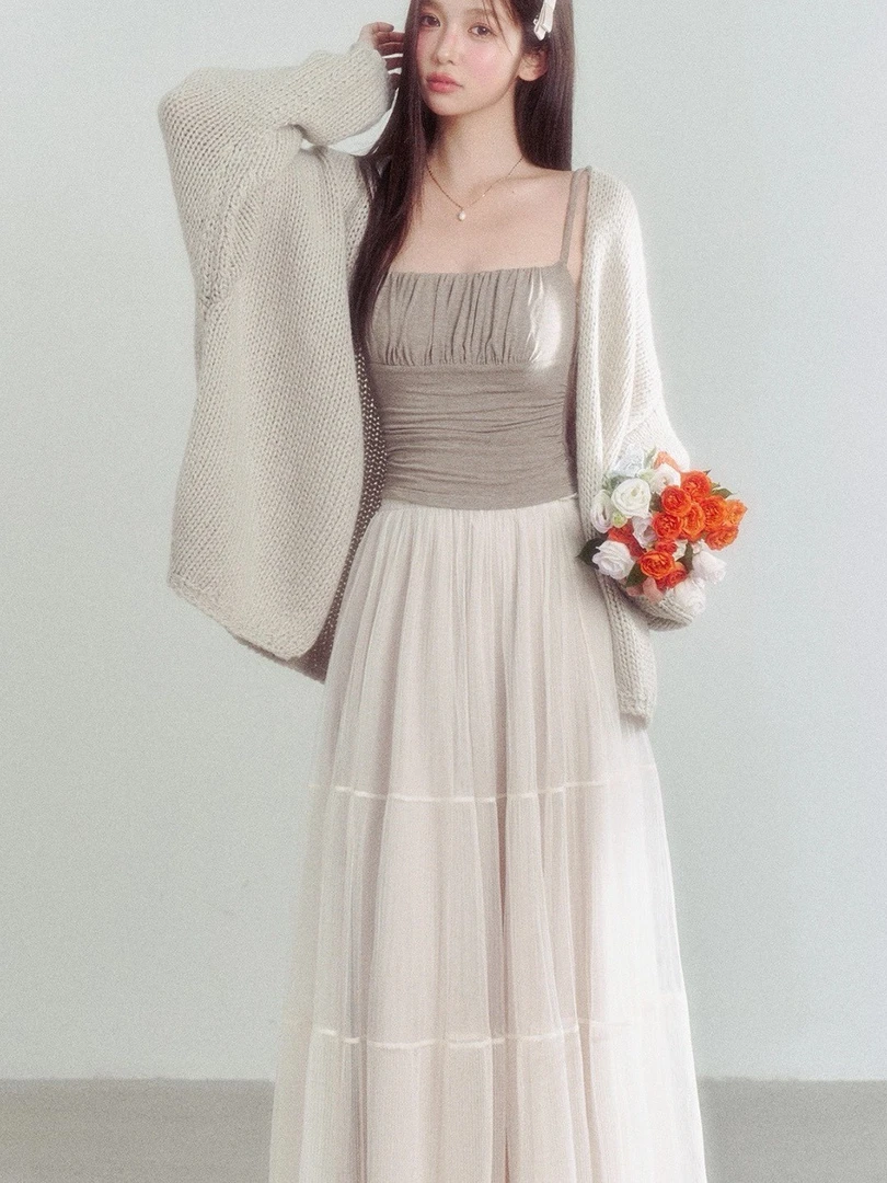 【月光舞曲】设计感套装女软糯慵懒风宽松针织开衫吊带半身裙三件套