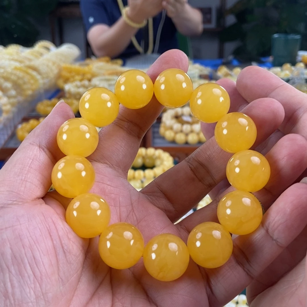琥珀未镶嵌珠宝奇石18鸡油黄蜜蜡同料串45.31