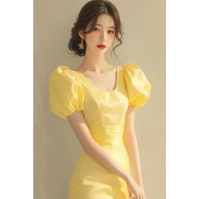 法式仙女气质超仙绝美长裙高端精致超好看黄色泡泡袖连衣裙子夏季