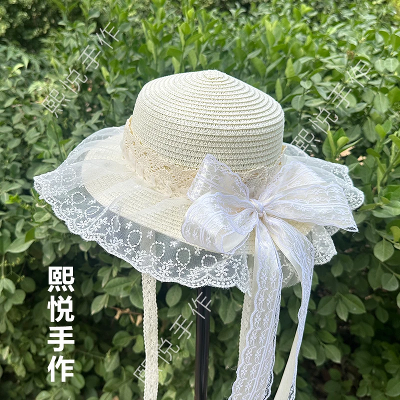 原创手作蝴蝶结草帽女洛丽塔lo娘 夏季遮阳帽子LOLITA森女系