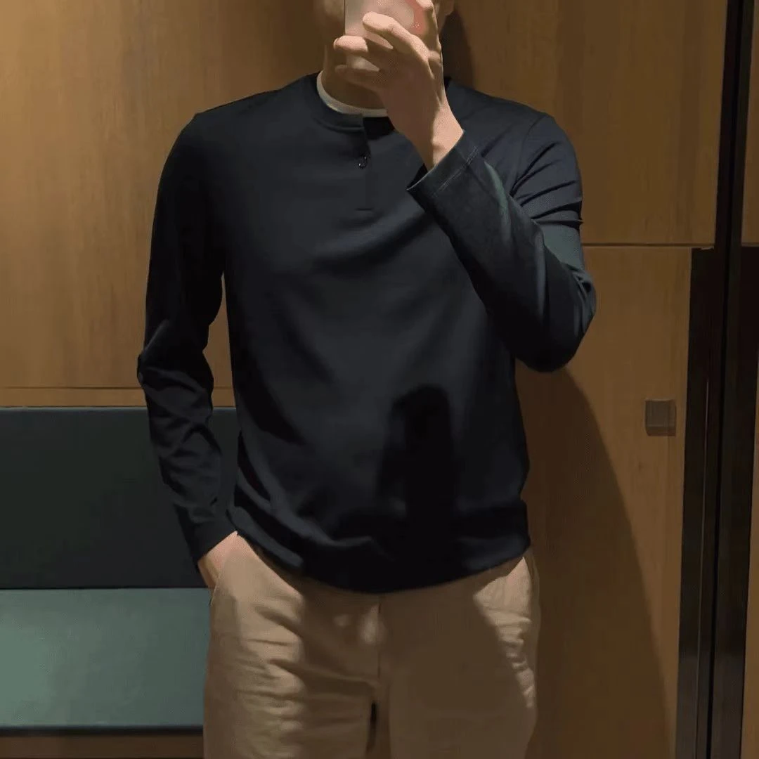 轻奢卫衣秋季男士简约时尚拼色高级感圆领一粒扣长袖T恤男打底衫