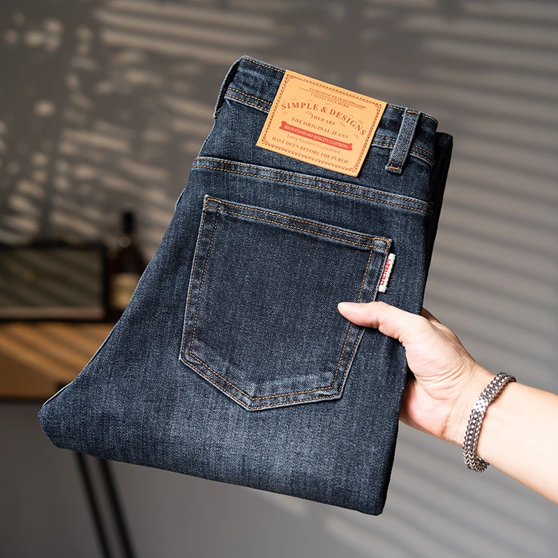 秋冬新款牛仔裤男欧版大牛重工水洗小直筒弹力修身牛仔裤潮牌裤子