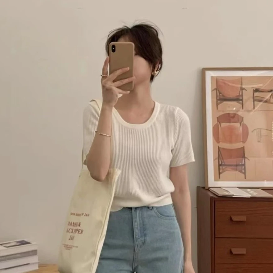 正肩薄款针织短袖显瘦夏季宽松高级感小个子时尚气质短袖百搭上衣