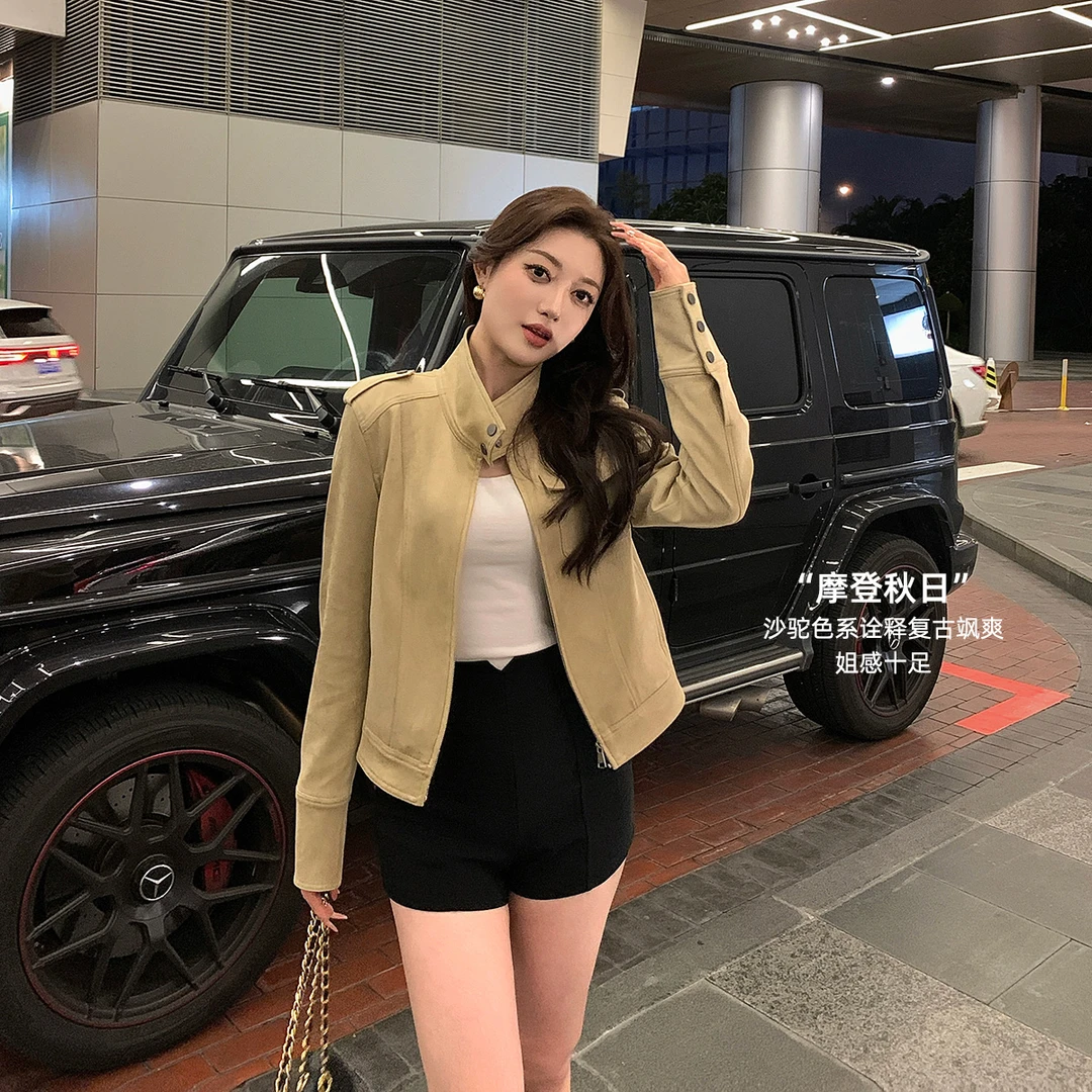 林关关【浓缩古咖】早秋复古绒皮感短款夹克高级感宽松百搭翻领外套