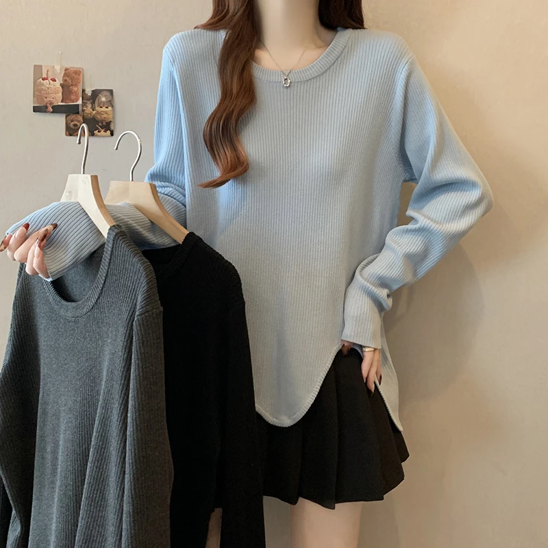 春装新款胖mm大码微胖女简约百搭波浪摆宽松针织长袖上衣T恤71846