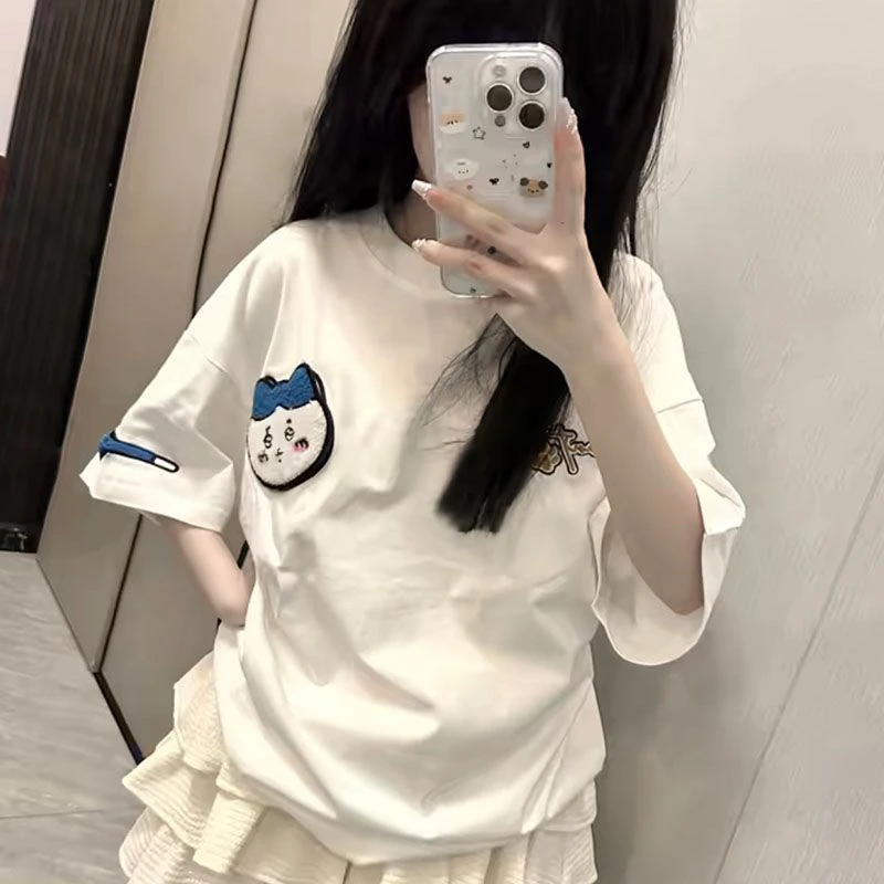 NASA ROAD潮牌卡通魔术贴刺绣T恤女夏季新款休闲慵懒短袖纯棉上衣