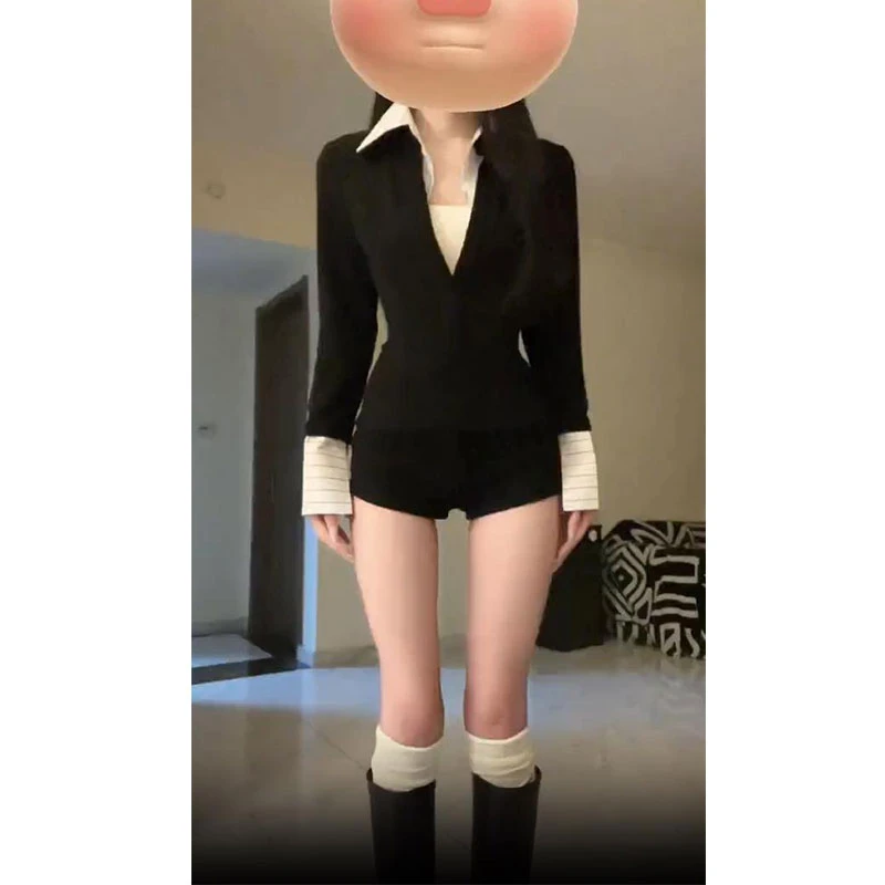 一整套ootd穿搭套装酷飒拽姐假两件v领针织衫上衣配配热裤两件套