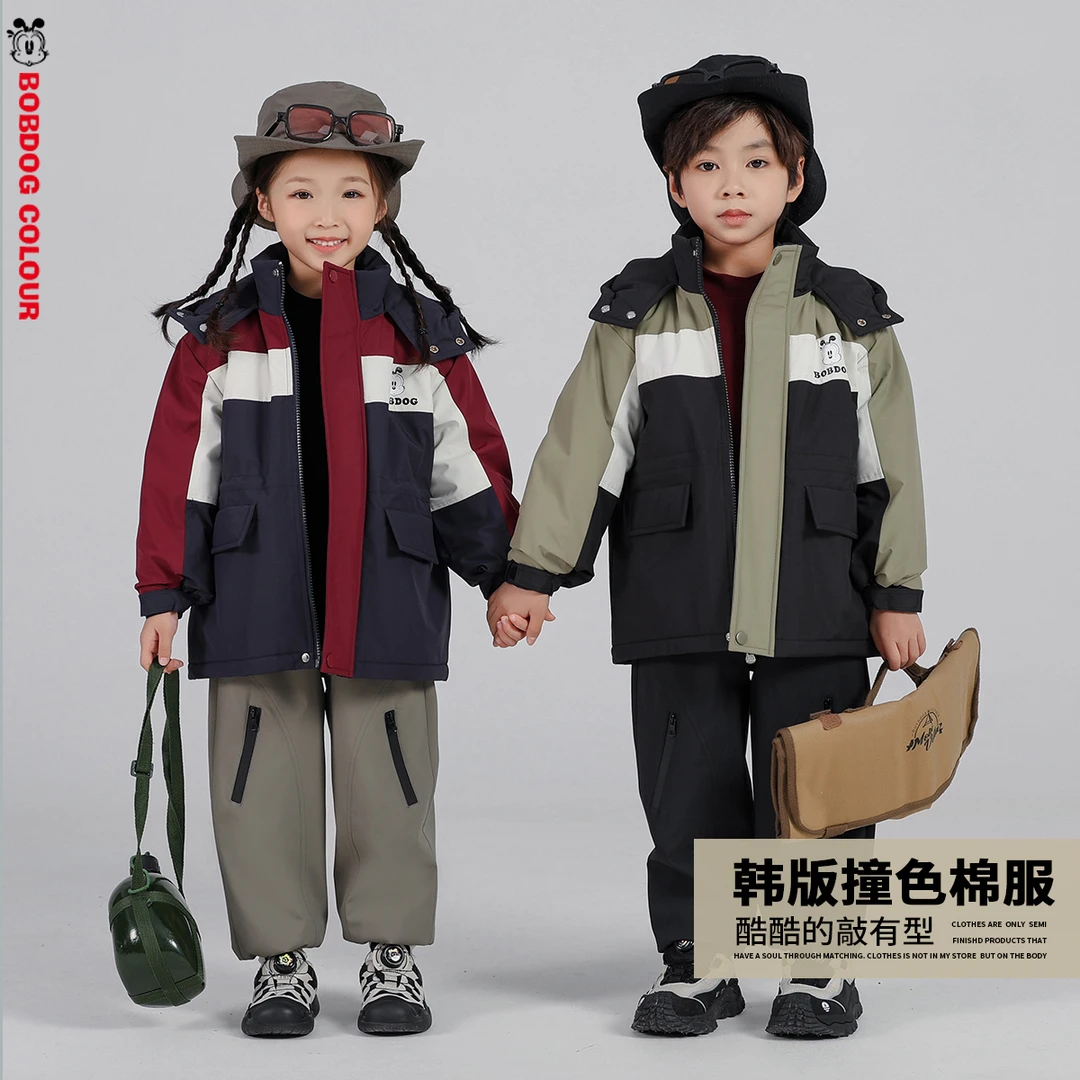 巴布豆男女童棉服秋季2024女童防风防水夹棉厚外套秋冬款中大童