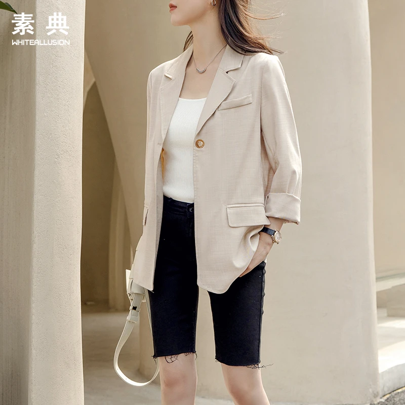 素典年中清仓【819】女设计感透气麻感米色休闲小西服外套女