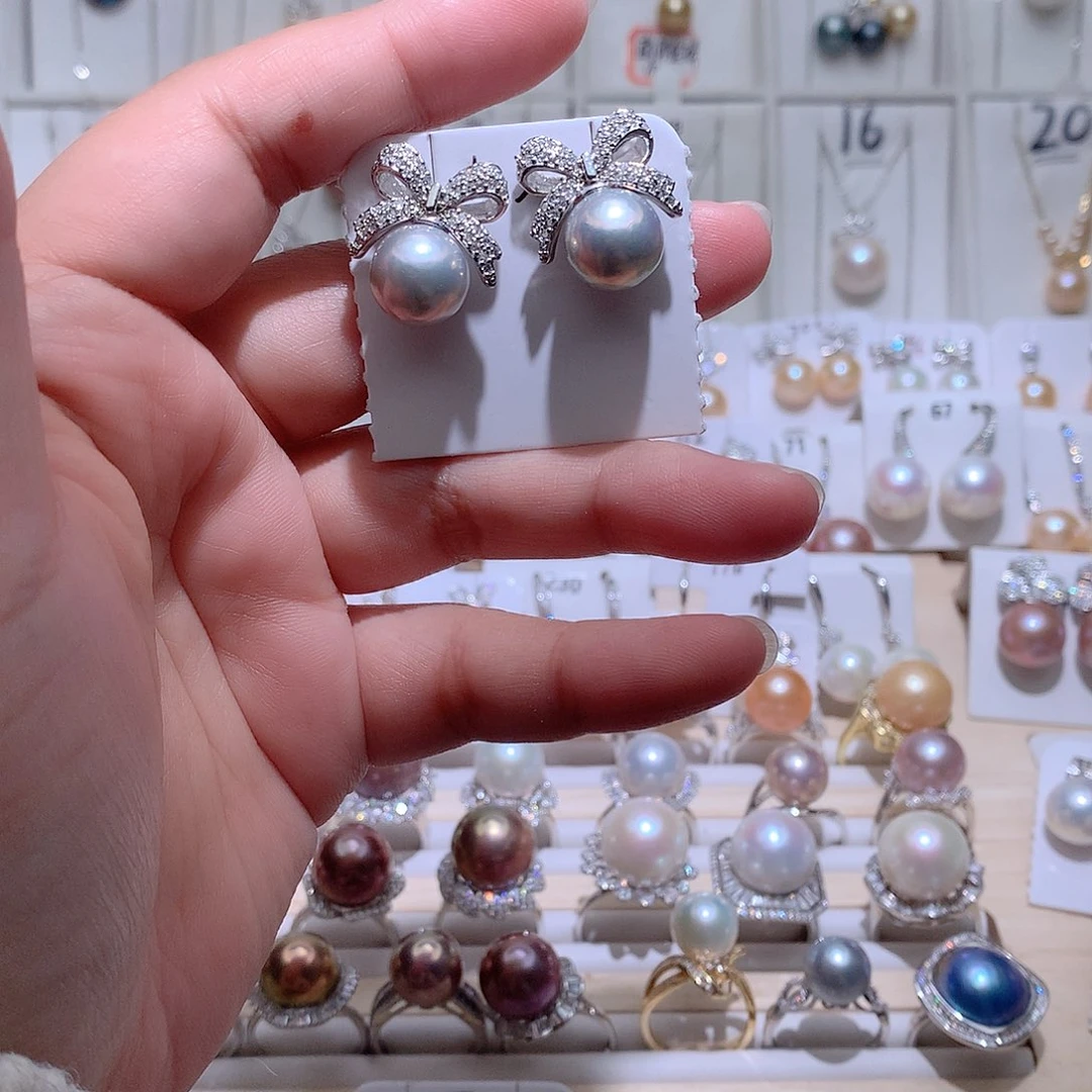 银S925镶嵌耳饰淡水珍珠CC11mm