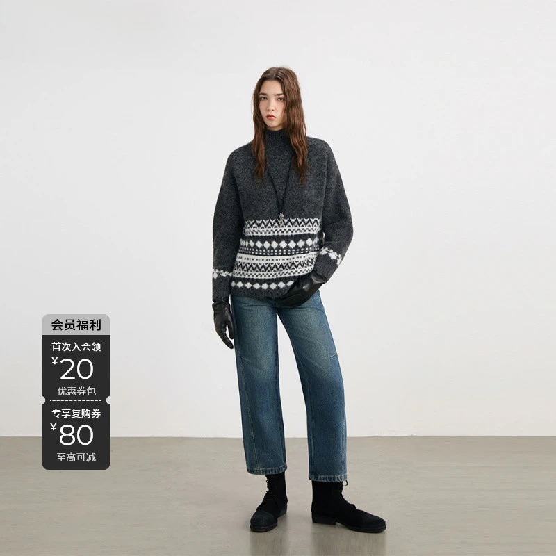 S·DEER圣迪奥冬季新款费尔岛宽松套头中高领长袖氛围感灰色针织衫