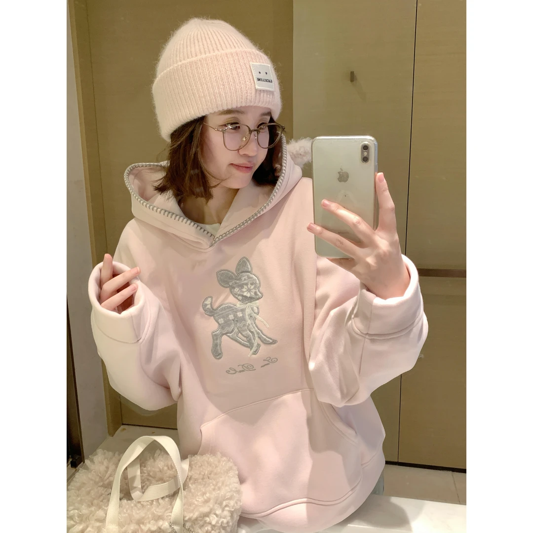 韩系甜美小鹿刺绣连帽卫衣女2025秋冬新款宽松加绒加厚学院风外套