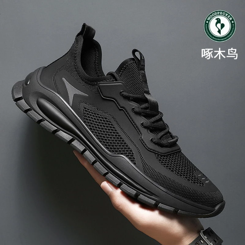 啄木鸟男鞋2025新款透气防臭网面运动休闲网鞋男士工作黑色劳保鞋