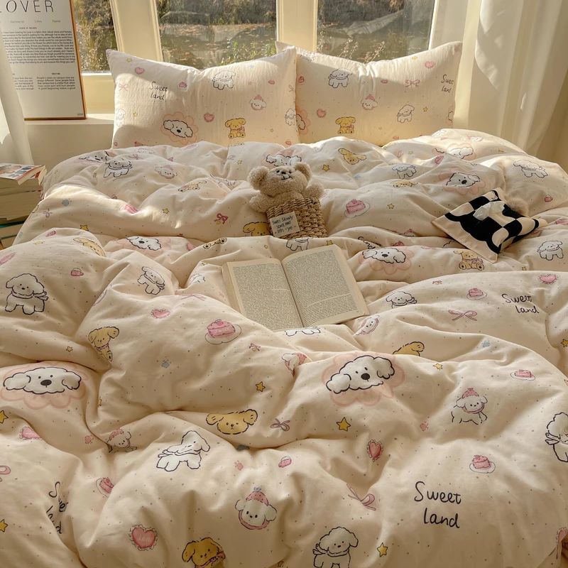 纯棉四件套2025新款INS卡通全棉双层纱三件套宿舍床单款小清新