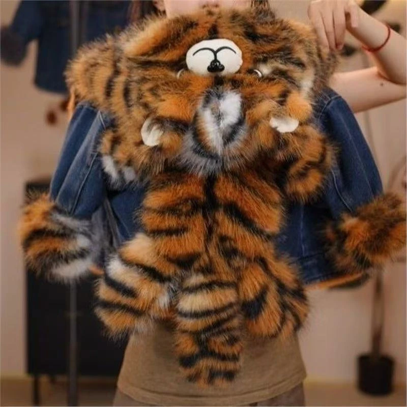 女童仿皮草加绒外套2025新款儿童男宝宝秋冬加厚老虎牛仔毛毛衣