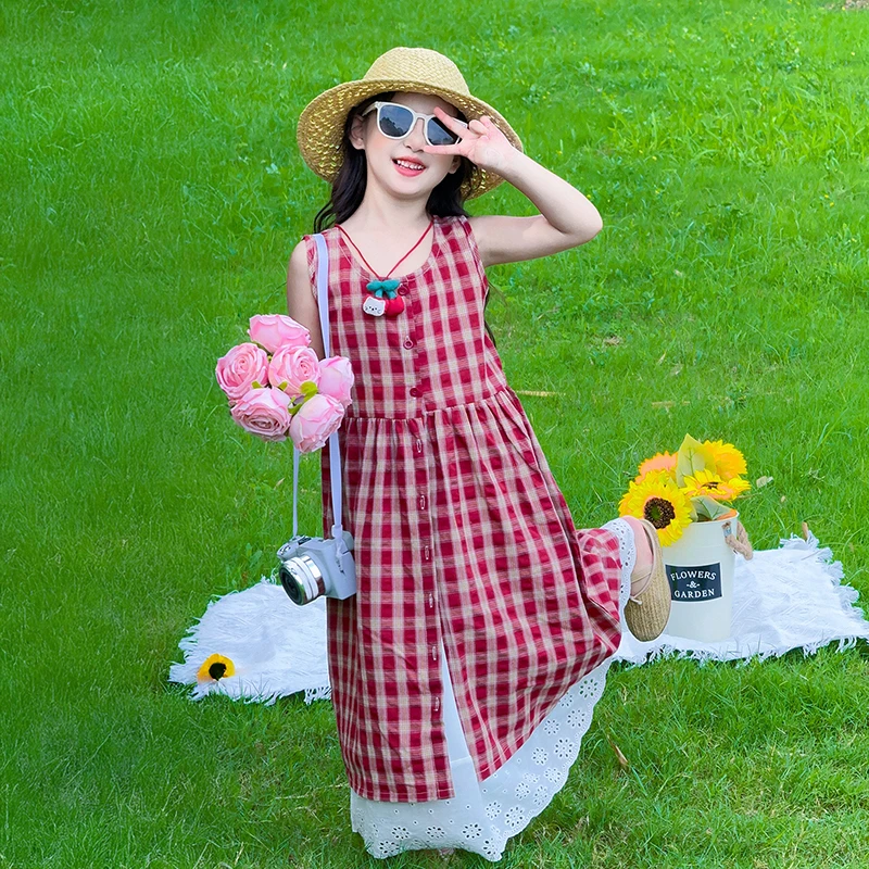 女童夏装套装2025新款小女孩夏装网红格子背心开衫儿童薄款半身裙