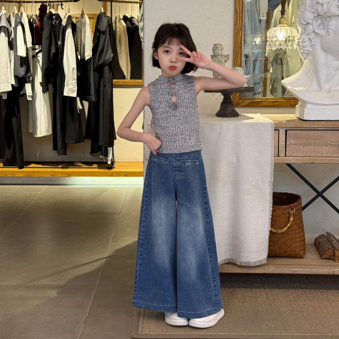 女童夏季牛仔裤2025新款中大童洋气韩版高腰阔腿裤儿童宽松喇叭裤