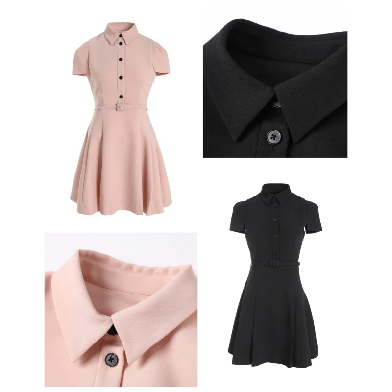 【KK定制】赫本风纯色翻领收腰通勤薄款 短袖连衣裙1300