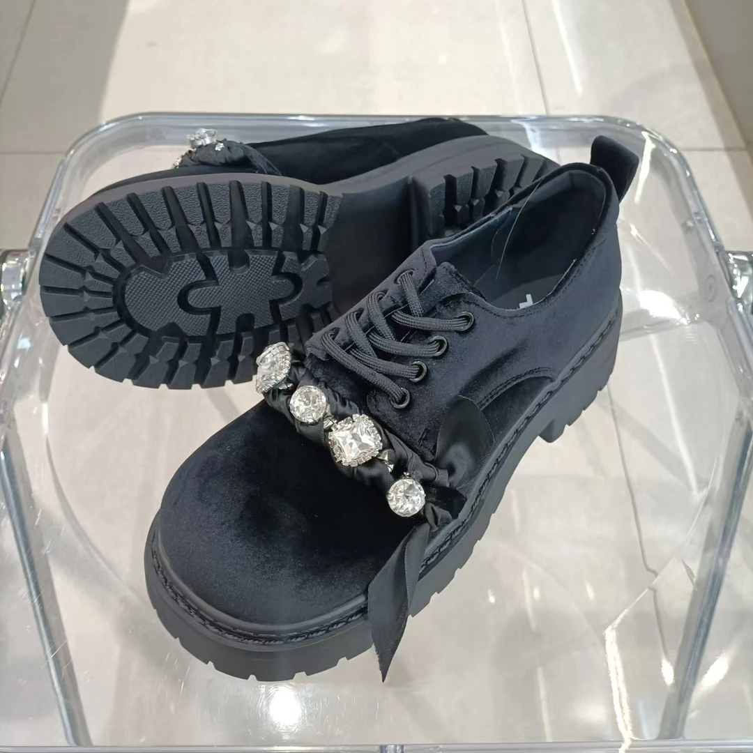 系带圆头百搭厚底透气单鞋鞋子休闲深口休闲鞋短靴黑色7578-1