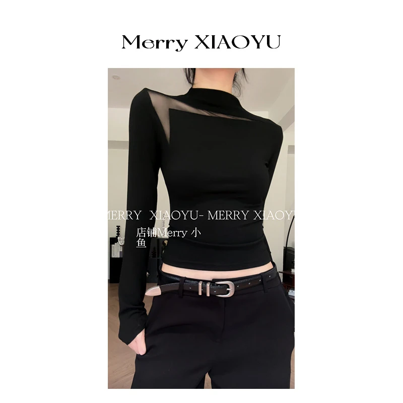 【小鱼】简约镂空网纱小众设计黑色长袖修身显瘦纯欲感百搭上衣