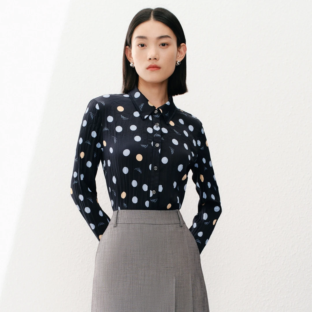 【众心专享价】【趣味波点印花】春夏款甜美减龄撞色单排扣长袖衬衫女