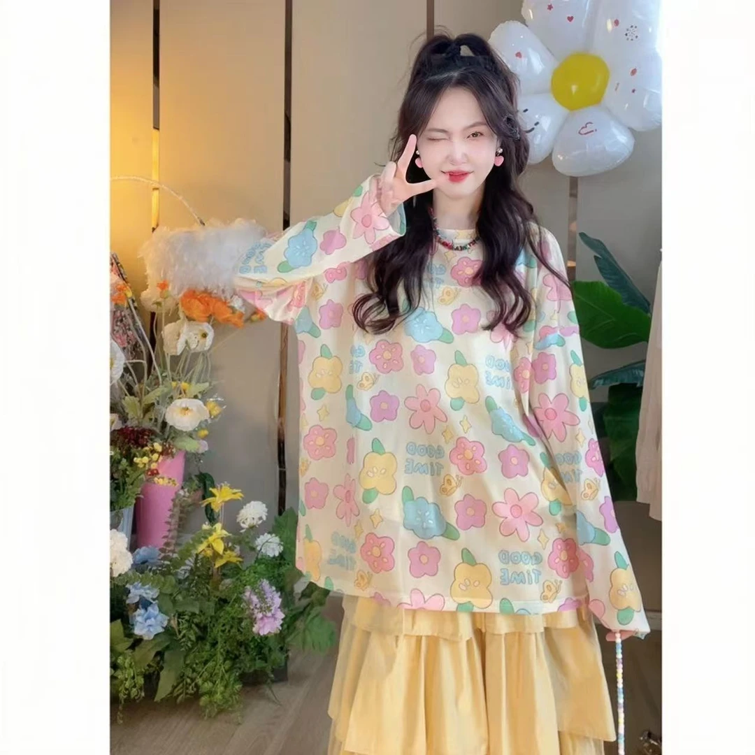 燃冉【万花筒】春夏韩版印花甜美宽松时尚T恤上衣网纱防晒衫