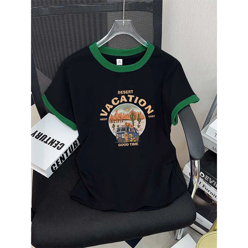 设计感褶皱飞飞袖拼色短袖T恤女收腰修身显瘦上衣2025新款春夏季