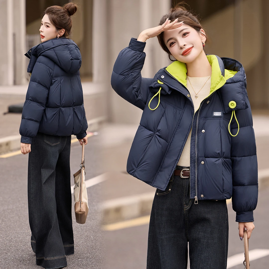 时尚撞色藏青色连帽羽绒服女2025冬季新款洋气宽松保暖白鸭绒外套