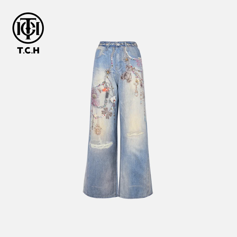 TCH烫钻工艺时尚休闲百搭重工牛仔裤女T75B20E5060轻奢tch