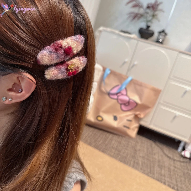 韩系秋冬粉色樱桃爱心毛毡bb夹甜美气质可爱刘海碎发夹侧边夹发饰