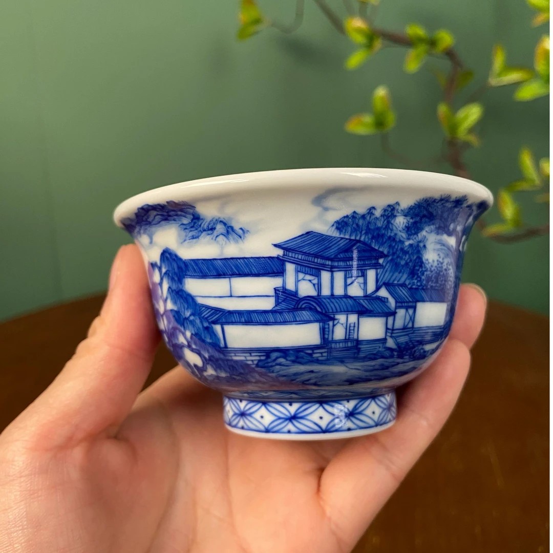 【九茗珍藏】林意宋画山水压手杯手工手绘景德镇茶具
