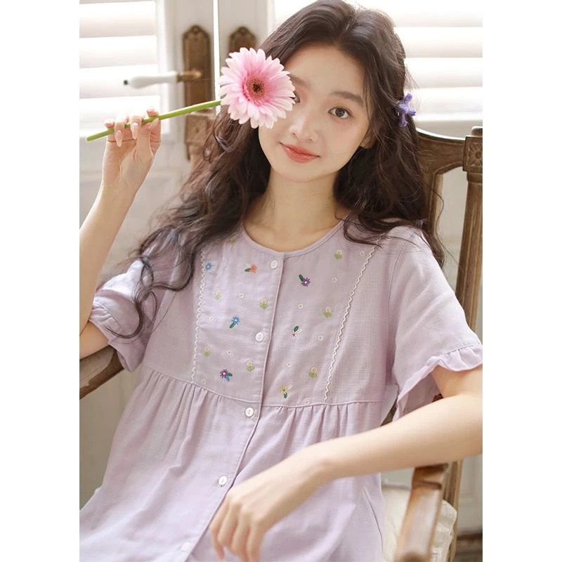 春季新品睡衣女高工刺绣女士棉纱家居服短袖长裤家居服套装MS2518